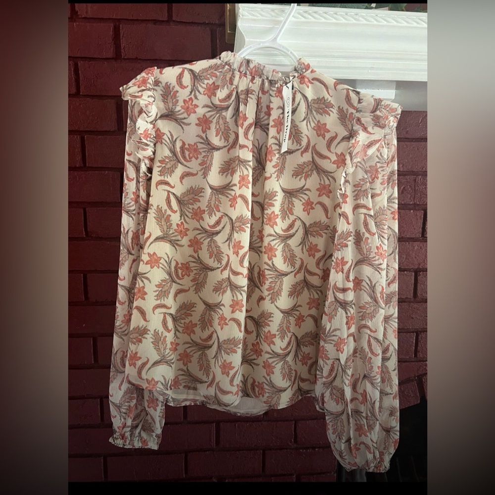 Sheer Floral Ruffle-Neck Blouse - Cream with Coral Print